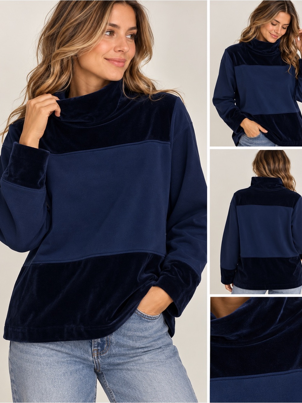 Vintage Bill Blass Sport Velvet Colorblock Turtleneck Pullover Navy Size S